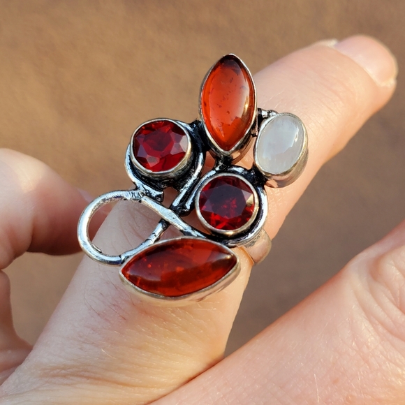 New Amber, Garnet & Rainbow Moonstone 925 Silver Ring. - Picture 12 of 16